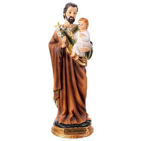 Heiliger Josef, stehend, mit Jesuskind und Lilie, aus farbig gefassten Resin, 30 cm