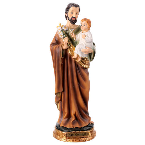 St Joseph with Infant Jesus and lily, painted resin statue of 12 in 1