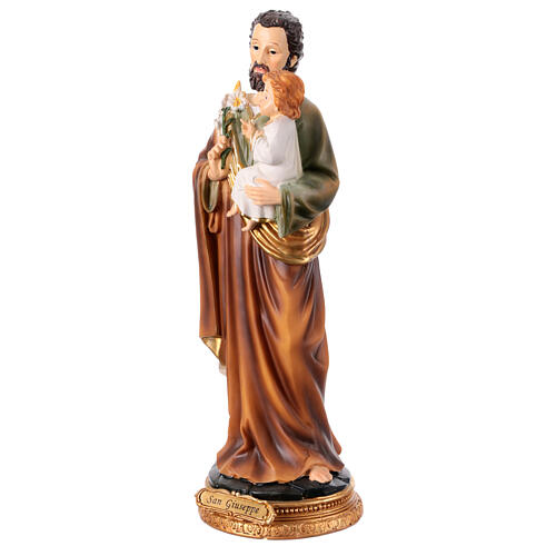 St Joseph with Infant Jesus and lily, painted resin statue of 12 in 3