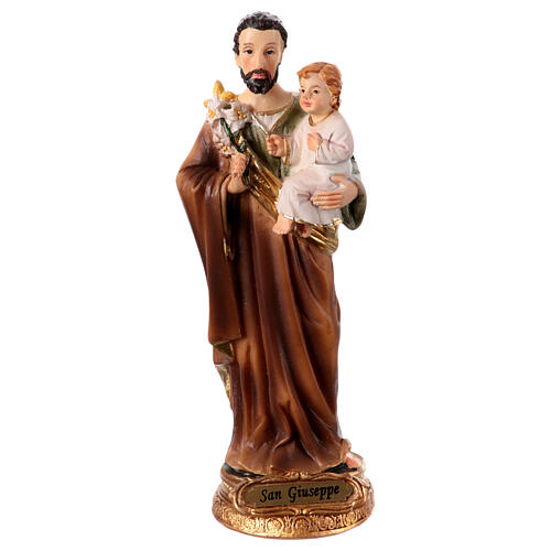 Heiliger Josef, stehend, mit Jesuskind und Lilie, aus farbig gefassten Resin, 15 cm 1