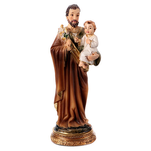 Heiliger Josef, stehend, mit Jesuskind und Lilie, aus farbig gefassten Resin, 10 cm 1