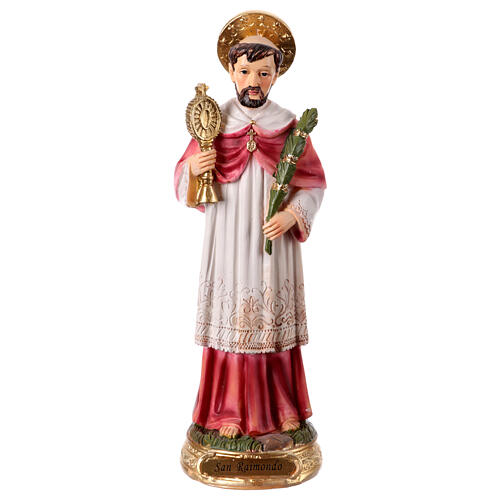 St Raymond, handpainted resin statue, golden base, 8 in 1