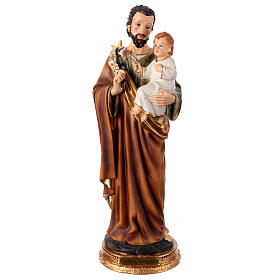 Statue Saint Joseph debout avec lys et Enfant Jésus 40 cm résine base dorée