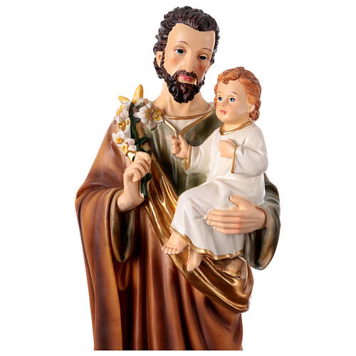 Statue Saint Joseph debout avec lys et Enfant Jésus 40 cm résine base dorée 4