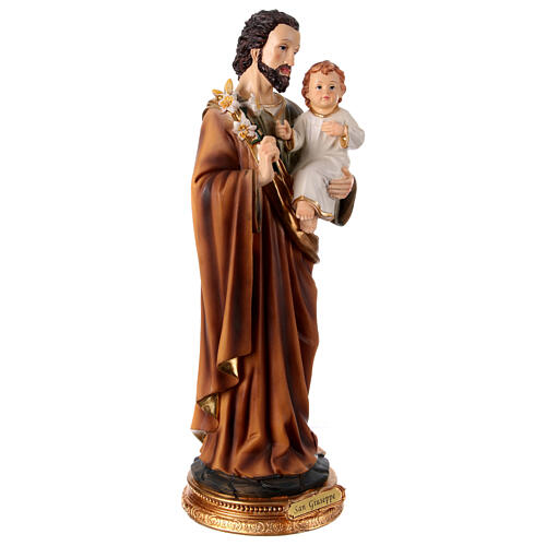 Statue Saint Joseph debout avec lys et Enfant Jésus 40 cm résine base dorée 5