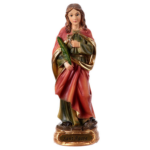 St Agatha with pincers and martyr's palm, resin statue with golden base, 5 in 1