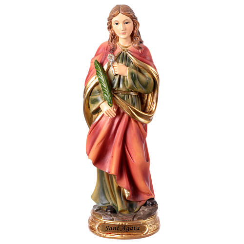 St Agatha with martyr's palm and pincers, painted resin figurine, 8 in 1