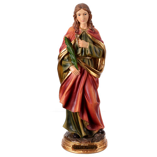 Statue of St Agatha with pincers and palm, painted resin, 12 in 1