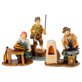 Set 3 Krippenfiguren aus bemaltem Harz, Berufe, für 10 cm Krippe.