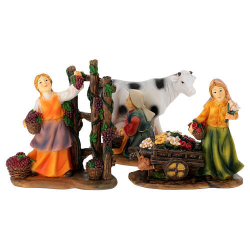 Set of 3 female peasants for 10 cm Nativity Scene, painted resin 1