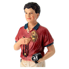 Statue of Carlo Acutis with rosary and camera, painted resin, 5 in
