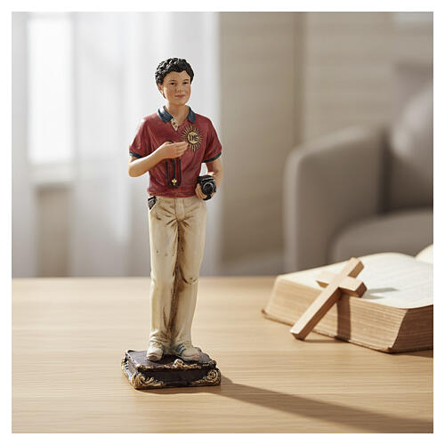 Carlo Acutis statue with rosary and camera in painted resin, 5 in 2