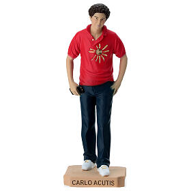 Coloured resin statue of Carlo Acutis with cell phone, 6 in