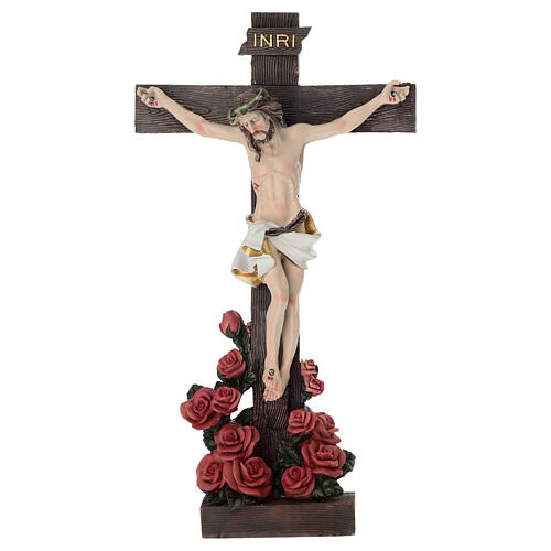Gesù crocifisso tra le rose 30 cm resina dipinta 1