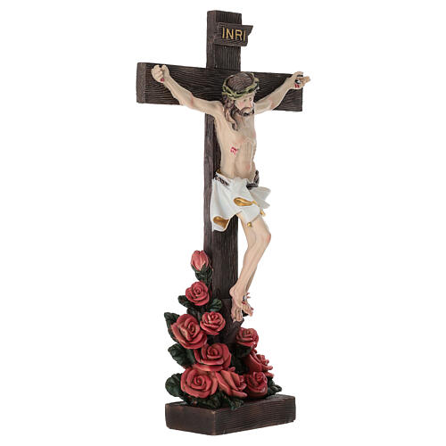 Jesus crucificado entre rosas 30 cm resina pintada 3
