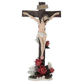 Crucifix de table Jésus en croix avec roses 35 cm résine peinte