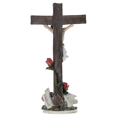 Crocifisso da tavolo Gesù in croce con rose 35 cm resina dipinta 6