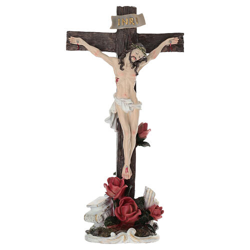 Cruz de mesa Jesus crucificado com rosas, 35 cm, resina pintada 1