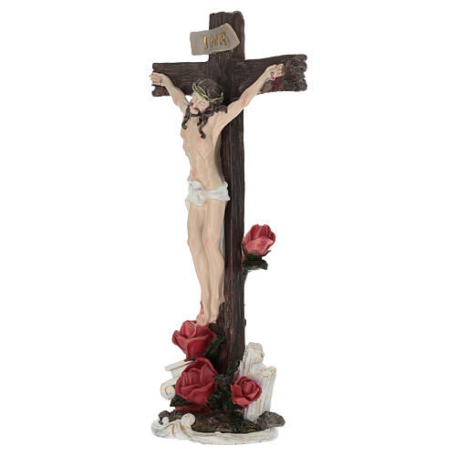 Cruz de mesa Jesus crucificado com rosas, 35 cm, resina pintada 4