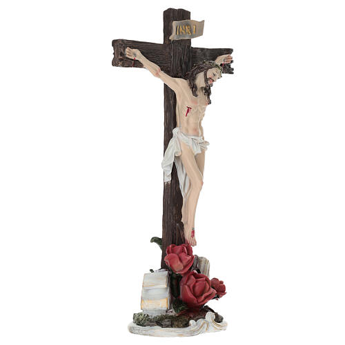Cruz de mesa Jesus crucificado com rosas, 35 cm, resina pintada 5