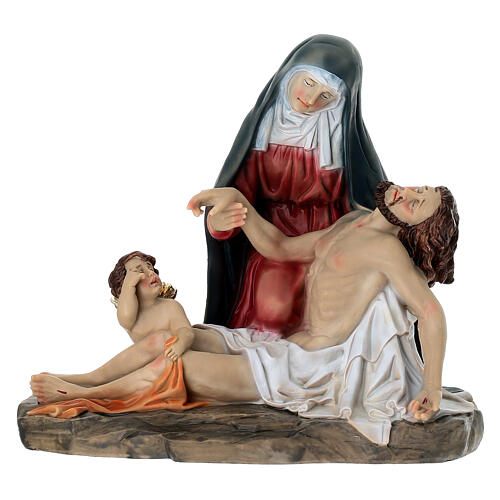 Pietà with angel, painted resin statue, 8 in 1