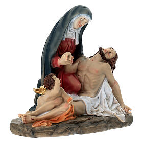Pieta statue with angel in painted resin, 20 cm