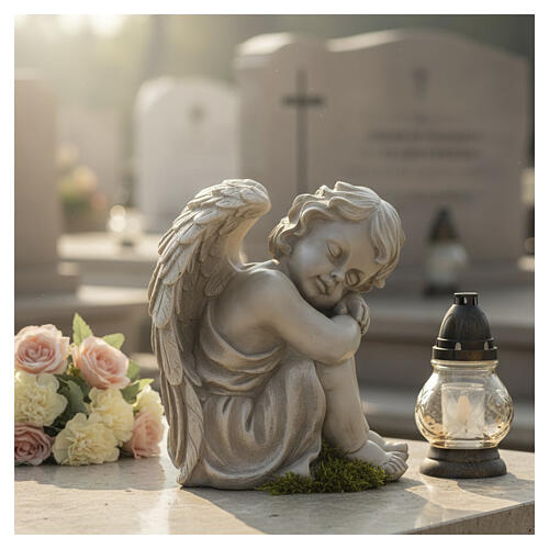 Statue Cherub-Engel – für Außenbereich 35 cm, Resin in heller Steinoptik 2