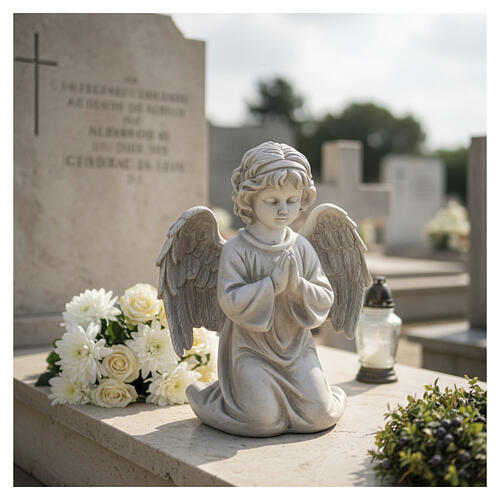 Figura klęczącego cherubina – anioł cherubin, żywica z efektem patynowanego kamienia, do użytku zewnętrznego, 40 cm 2