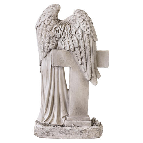 Outdoor angel statue with cross in ivory-coloured resin, 12 in 5