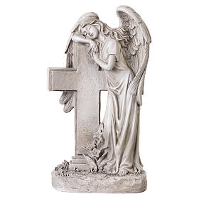 Estatua ángel para exterior con cruz de resina color marfil 30 cm