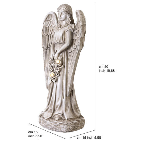 Statue Engel mit Rosen und Solarbeleuchtung – für Außenbereich 50 cm, Resin in elfenbeinfarbener Ausführung 3
