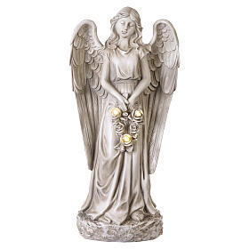Ángel con rosas para exterior luz solar 50 cm color marfil