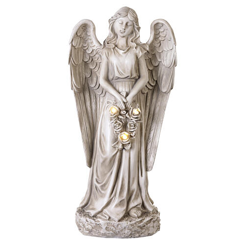 Ángel con rosas para exterior luz solar 50 cm color marfil 3