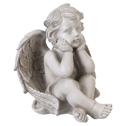 Statue sitzender Cherub-Engel – für Außenbereich 30 cm, Resin in heller Ausführung 5