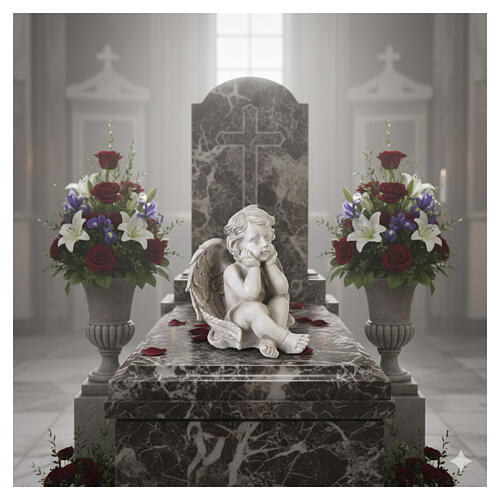 Statue sitzender Cherub-Engel – für Außenbereich 30 cm, Resin in heller Ausführung 6