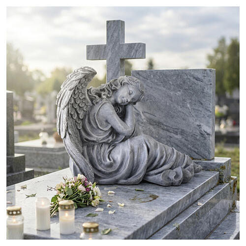 Outdoor sleeping angel statue in grey stone-effect resin, antique finish, 20x26 in 2