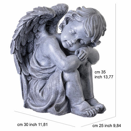 Ángel querubín posición agrupada para exterior 35 cm de resina oscura acabado antiguo 3