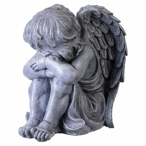 Ángel querubín posición agrupada para exterior 35 cm de resina oscura acabado antiguo 6