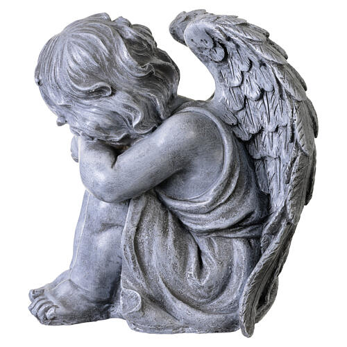 Estátua de querubim recolhido para exterior 35 cm efeito pedra cinzenta acabamento envelhecido 5
