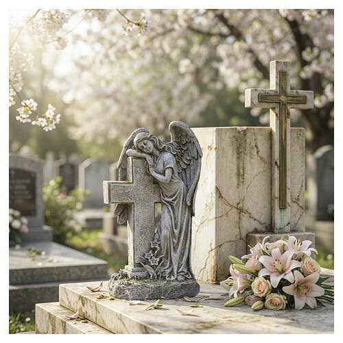 Outdoor angel statue with cross, 12 in, antique stone-effect resin 4