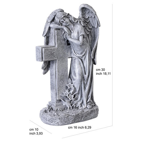 Statua angelo da esterno con croce in resina effetto pietra antica 30 cm 3