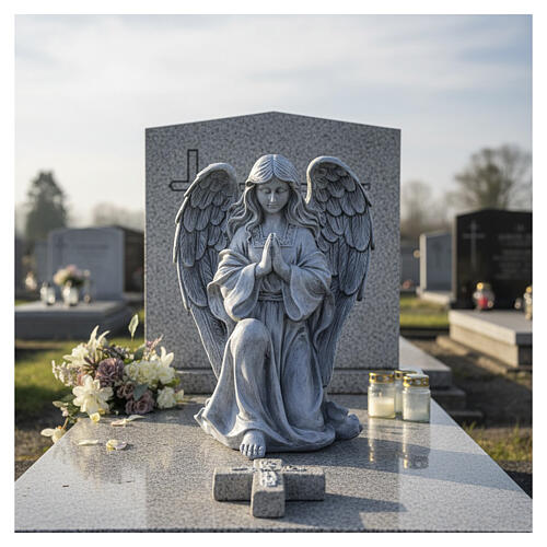 Outdoor kneeling angel statue, 20 in, grey stone-effect resin 2