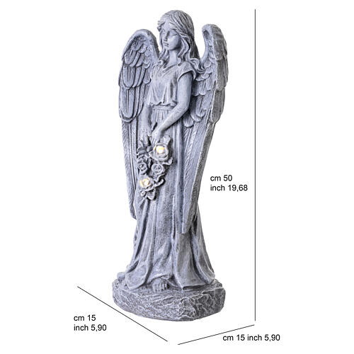 Outdoor angel with rose bouquet and solar light, 20 in, stone-effect finish 3