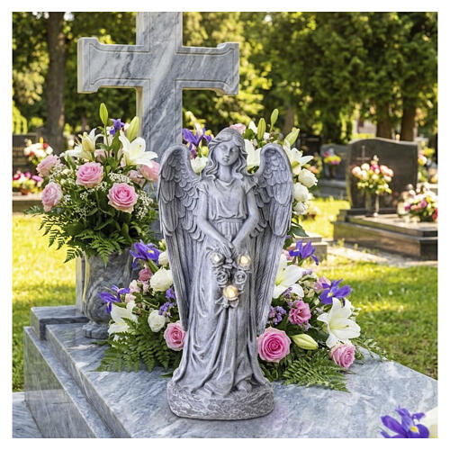 Outdoor angel statue with stone-effect rose wreath and solar light, 50 cm 2