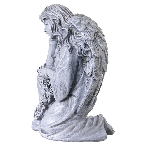 Outdoor angel statue with flower garland, 12 in, grey stone-effect resin 6