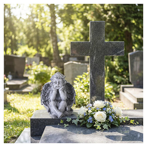 Estátua de querubim sentado para exterior em resina efeito pedra cinzenta 30 cm com asas 2