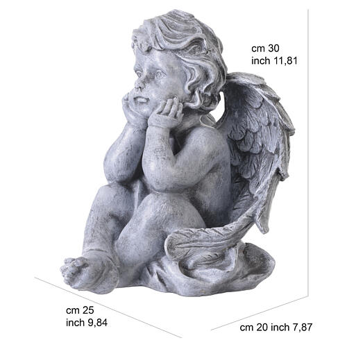 Seated cherub outdoor statue in painted resin with grey stone effect, 30 cm 3
