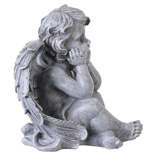 Seated cherub outdoor statue in painted resin with grey stone effect, 30 cm 5