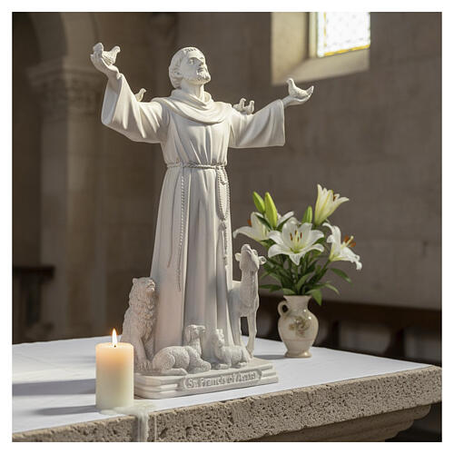 Statue Saint François d'Assise résine blanche 60 cm avec animaux 2