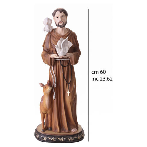 Estatua San Francisco de Asís 60 cm resina pintada tórtolas y cervato 3